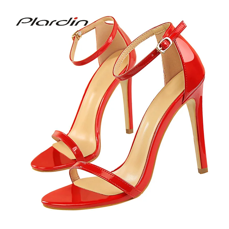 

Plardin Concise Buckle Women's Dress Sandals Patent Leather High Heels Pumps Peep Toe Wedding Fashion Sandals Women Thin Heel