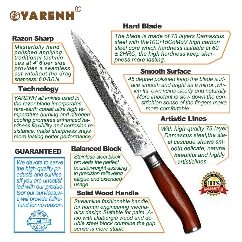 YARENH cleaver knife Japanses VG10 chef knife damascus steel best kitchen knife with dalbergia wooden handle Sashimi knife