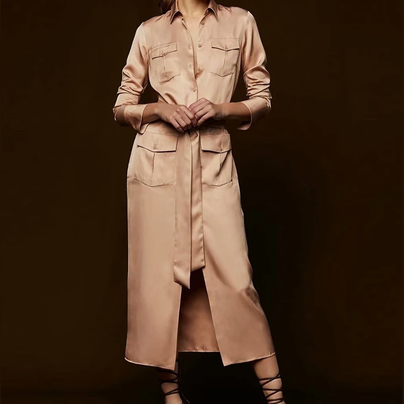 

2018 Autumn Winter Lapel Long Sleeve Khaki Solid Waist Bow Button Split Joint Loose Shirt Dress Women Fashion Tide Office Lady