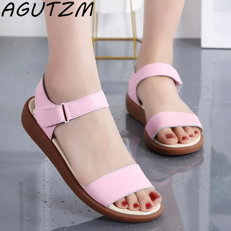 

AGUTZM Thick Soled Sandals Female Summer 2019 New Sandals Sweet Beach Genuine Leather Women Sandals Flat Sandalias Mujer 35-41