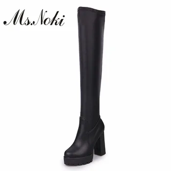 

Ms.Noki pu high heel platform buckle women motorcycle boots winter plush snow long boots women knee high boots