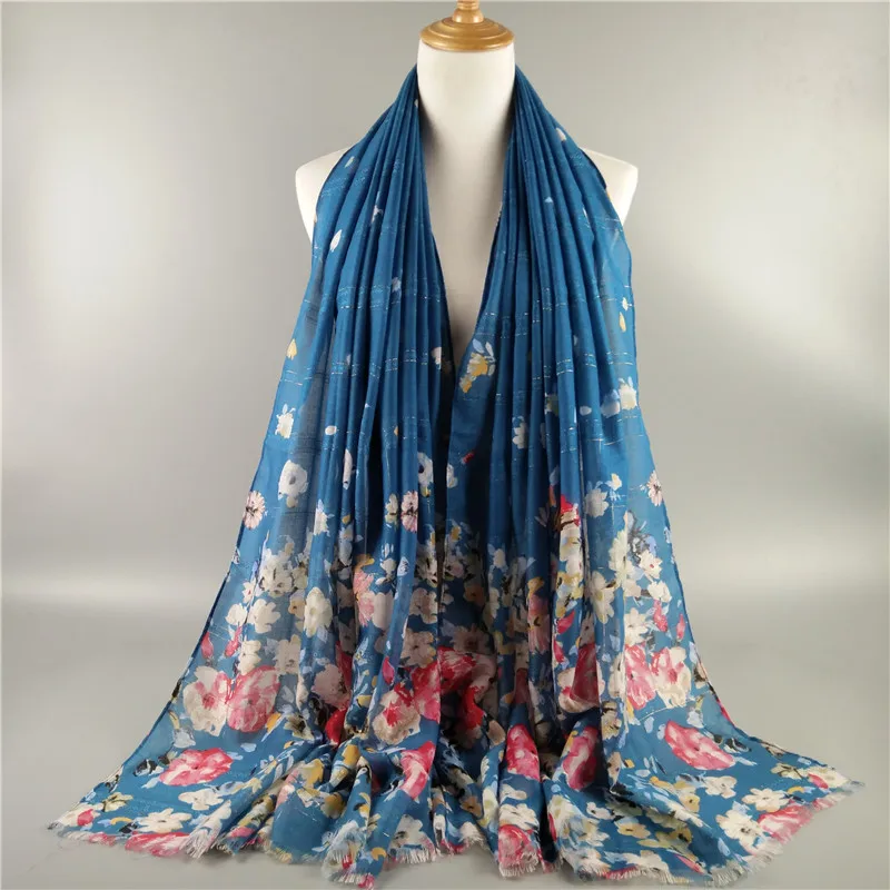 

High Quality very nice sweet vogue floral print cotton linen lurex shawl echarpe pareo woman bandanas muslim hijab scarf 10pcs