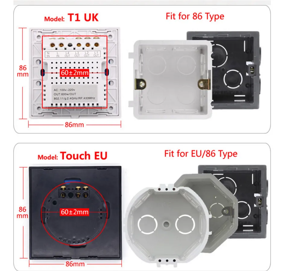 12---ITEAD Sonoff T1 US EU UK Smart WiFi RF  APP  Touch Control Wall Light Switch 1 2 3 Gang Wall Touch Switch Panel Smart Home-