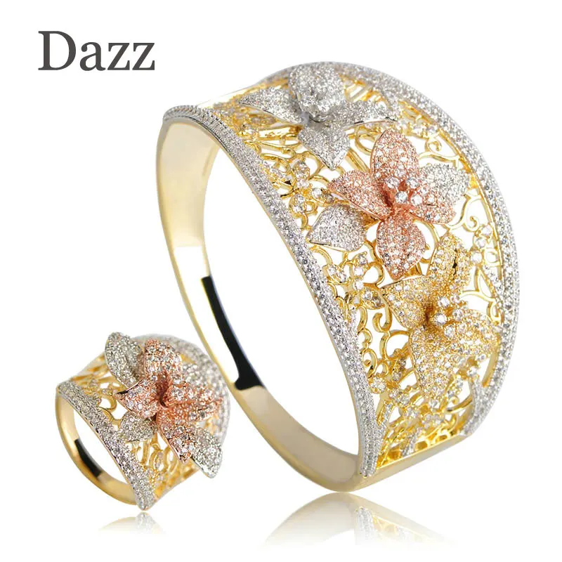 

Dazz Special Design Lily Flower Shape Wide Bangle Ring Sets Three Tones Color Copper Jewelry Set Full Rhinestones Wedding Bijoux