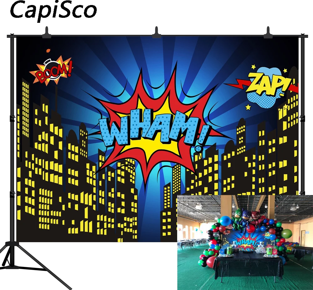 

Capisco Comics superhero City Children Photography Backgrounds Customized birthday party Photographic Backdrops For Photo Studio