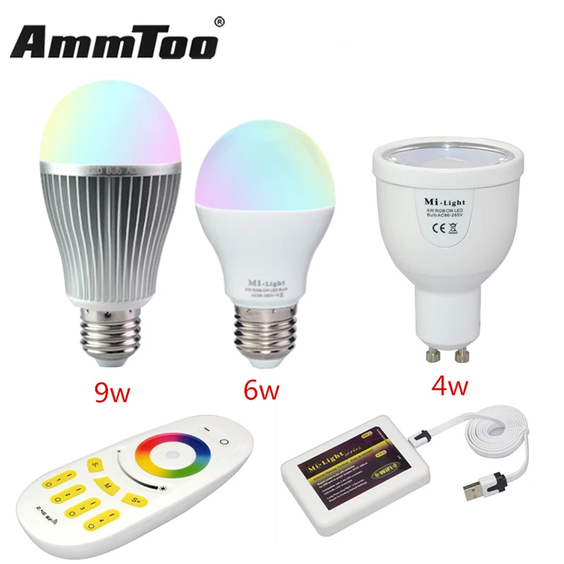 

Dimmable Milight Led Lamp GU10 E27 4W 6W 9W Led Light Bulb Mi Light Lampada Led RGBW RGBWW / Four Zone Remote / Wifi Controller