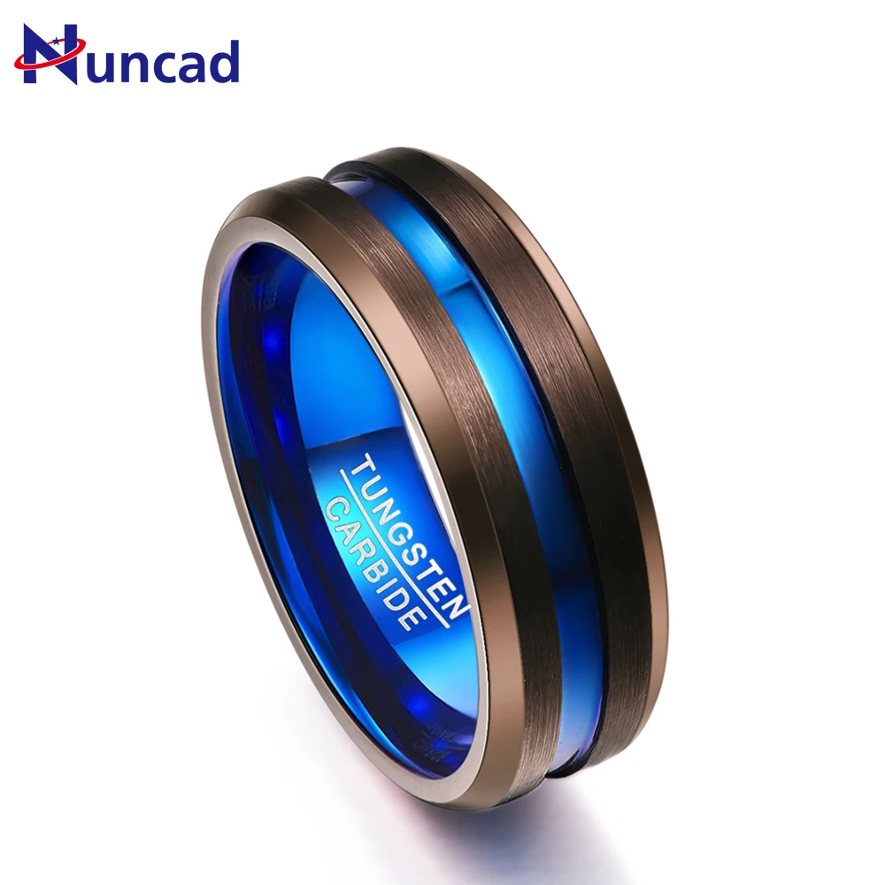 

Nuncad 8MM wide plated matte surface brown tungsten steel ring with blue groove T083R with angled size 7-12 for men's Jewelry