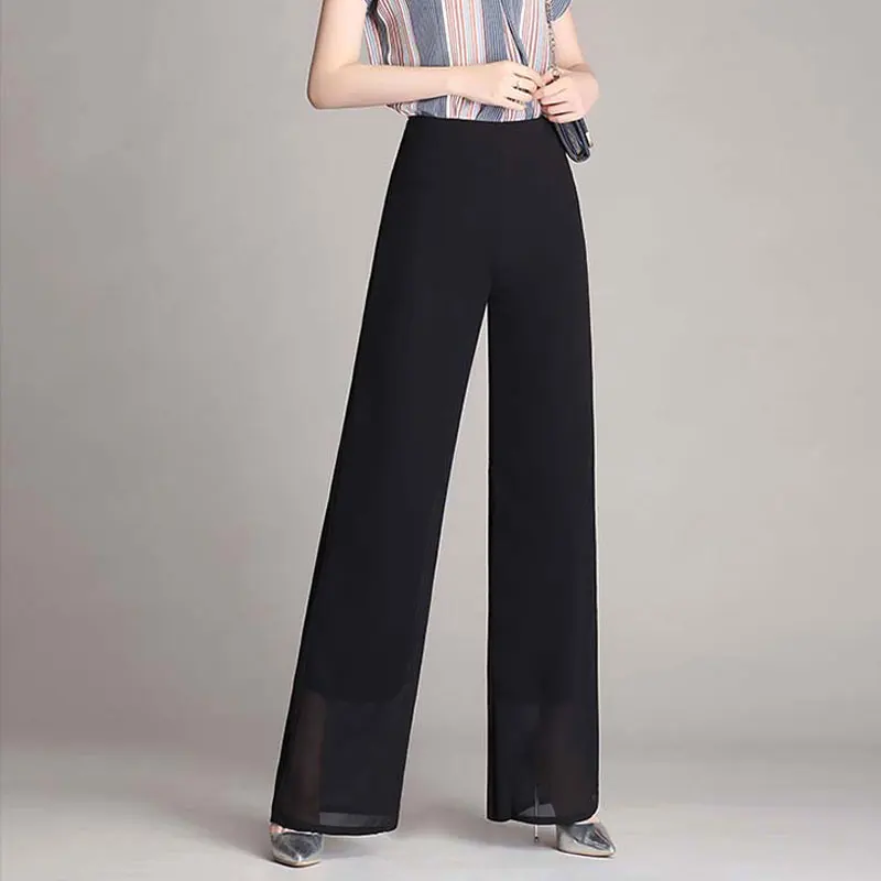 New Arrival European Style Plus Size 4XL Women Trousers Casual Loose Chiffon Long Pants Black Wide Leg pants female