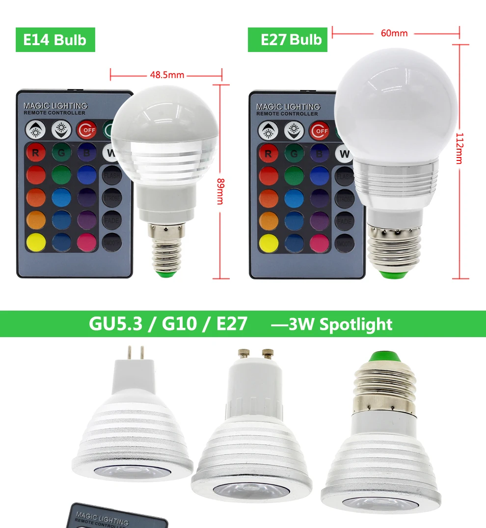 RGB светодиодный лампы E27/E14 лампочки GU5.3/GU10 прожектор AC 85-265 V 16 Цвет изменение дистанционного Управление RGB света