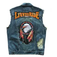 Мотоциклетный клубный мужской джинсовый жилет винтажная безрукавка значок заклепки вышивка орел узор дизайн патч рваные байкерские жилеты