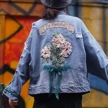 SexeMara/Новая модная Свободная джинсовая куртка с вышивкой и бантом из ленты