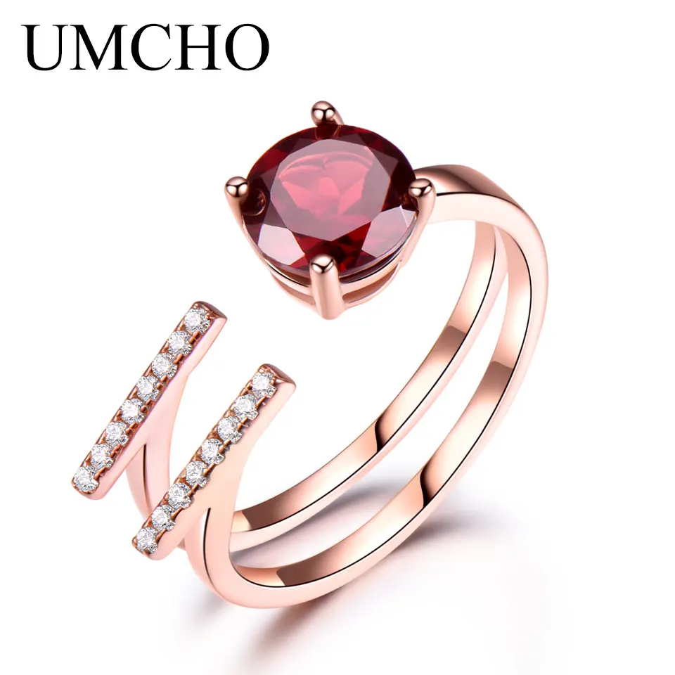 

UMCHO 1.3ct Round Natural Genuine Red Garnet Solid 925 Sterling Silver Ring Colorful Gemstones Red Stone For Women Charm Gift