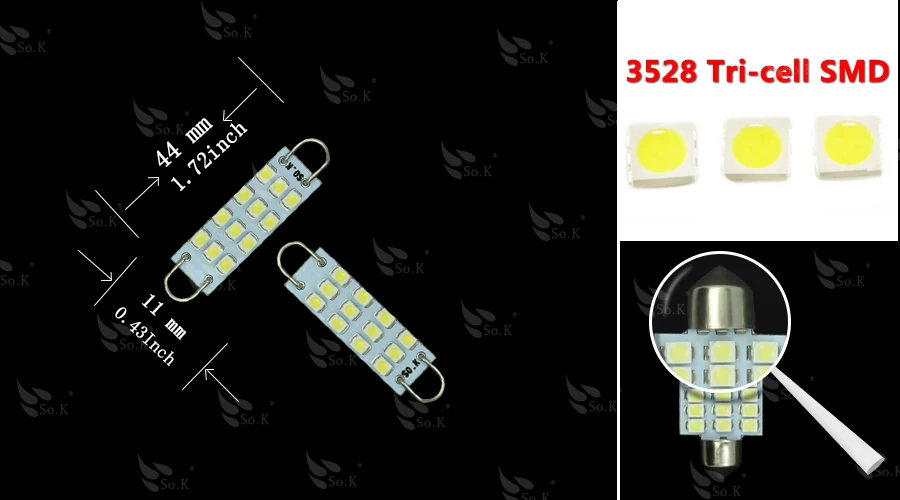 10 шт. гирлянда 44 мм Светодиодная автомобильная лампа s белая 12 SMD