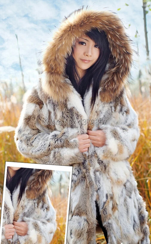 New Genuine Rex Rabbit Fur Coat Hooded Women Fashion Raccoon Fur Jacket