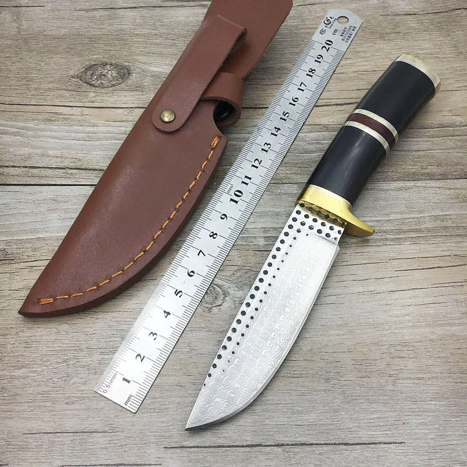 Handmade forged Damascus Steel hunting knife fixed copper ebony handle first layer 59 HRC camping tool Straight | Инструменты