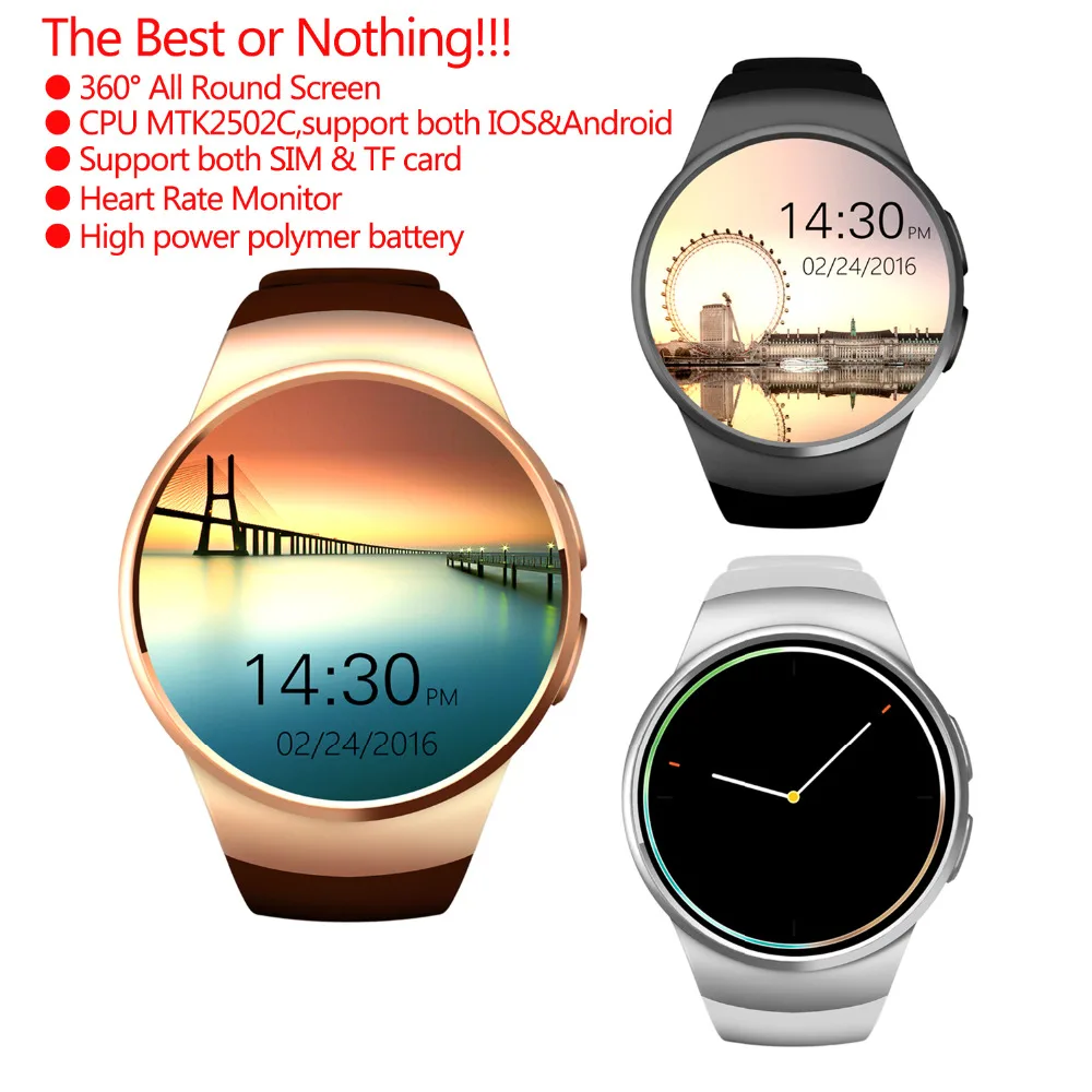 

KW18 Bluetooth Smartwatch Heart Rate Monitor Smart Watch For Apple Samsung Android Pedometer health full round MTK2502C with NFC