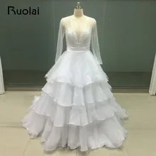 Real Image Gorgeous Ball Gown Dubai Wedding Dresses Long Sleeves Scoop Sheer Top Beaded Pearls Bridal Gown Robe de Mariage FW62