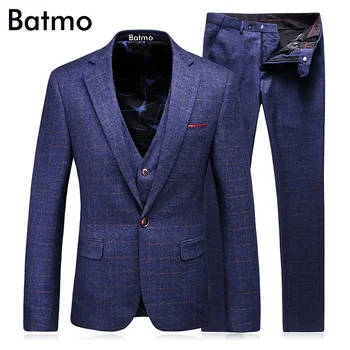 

Batmo 2017 new arrival High quality wool plaid blue men's wedding dress,casual suit men,men's Business suits,plus-size 1781