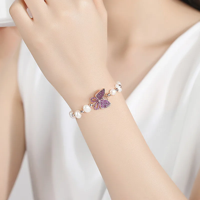 

SLBRIDAL Sparkling Charm Fashion Cubic Zirconia Pearls Butterfly Bracelet Girls CZ Bracelet Gift Bridal Wedding Women Jewelry