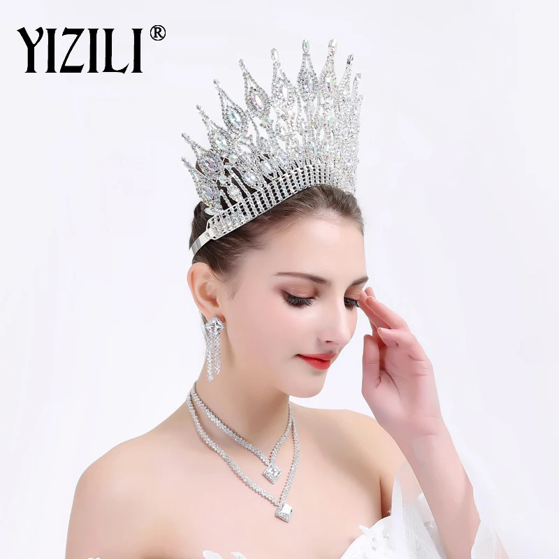 YIZILI nuevo lujo Europea grande de la boda de la novia magnífico cristal redondo grande reina corona boda pelo accesorios C021 - 3
