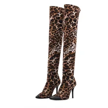 New Women Leopard Women Over The Knee Boots Sexy Pointed Toe High Heels Shoes Woman Slim Thigh High Boots Botas Size 35-46 hot runway sexy women boots stretch silk pointed toe stiletto high heels over the knee boots jersey thigh high boots shoes woman
