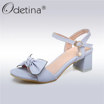 

Odetina 2019 New Fashion Peep Toe Sandals Women Hoof High Heels Ladies Elegant Pearl Buckle Strap Butterfly Knot Summer Shoes
