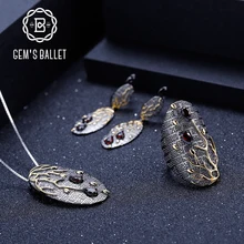 GEM'S BALLET Natural Garnet Ring Earrings Pendant Gemstone Sets 925 Sterling Silver Original Petal Floral Jewelry Set For Women