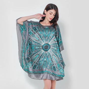 

2020 Summer New Women Sleepwear Home Dress Satin Comfortable Mini Nightgown Loose O-Neck Bathrobe Flower Rayon Nightdress Lounge