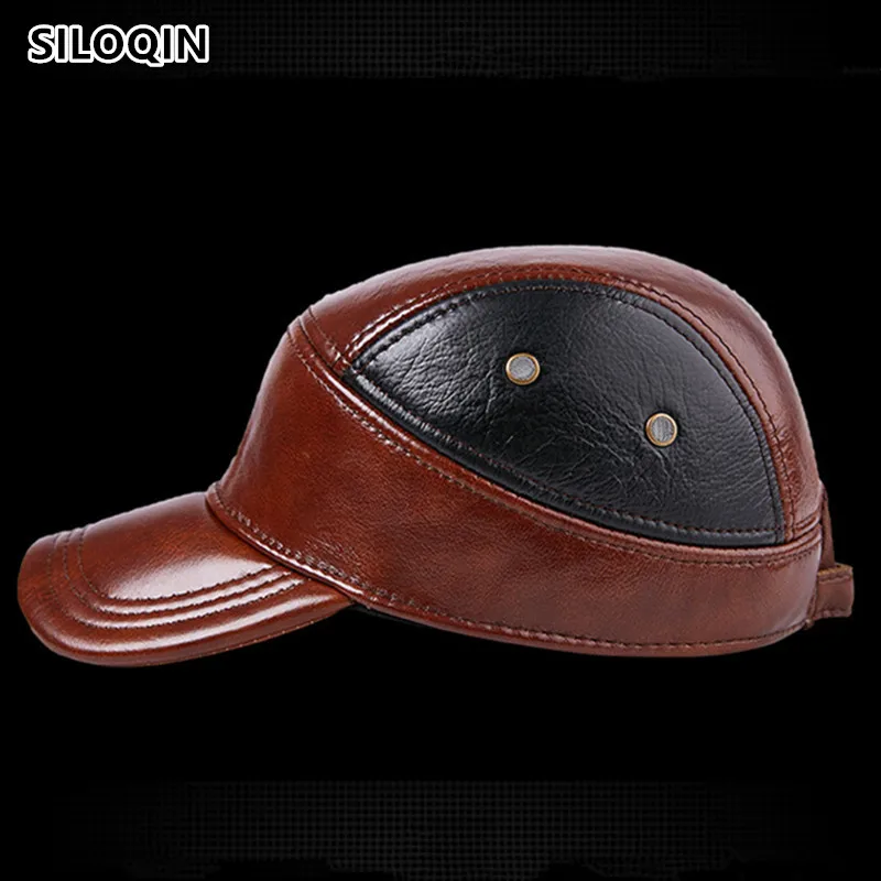 

SILOQIN Winter Adult Men's Genuine Leather Hat Thick Warm Cowhide Baseball Caps With Earmuffs Resizable Size Brand Dad's Hats
