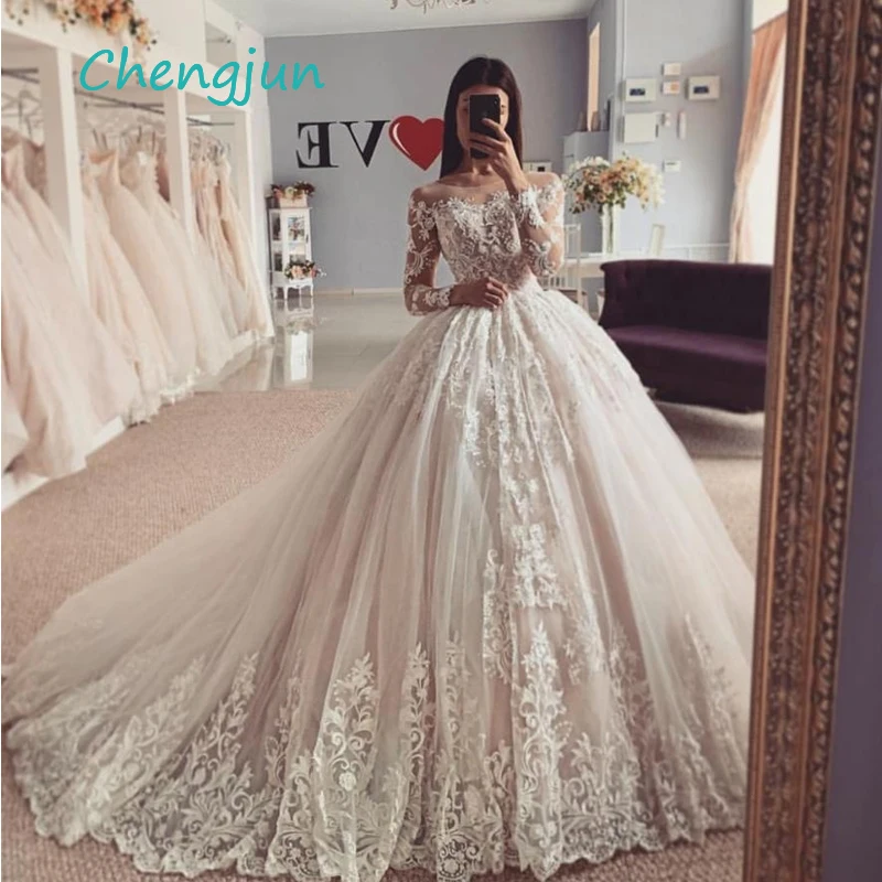 Chengjun свадебное платье из тюля с длинным рукавом и глубоким круглым