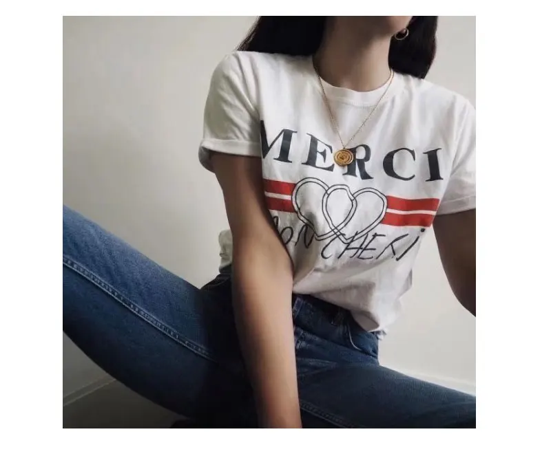 Харадзюку летняя белая футболка женская Merci с принтом сердца Женская футболка в Корейском стиле топы тройники уличная одежда