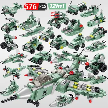 

576PCS Military Aircraf City Destroyer Fighter Helicopter Car Warship Tank Building Blocks Bricks Educational Toys for Boys
