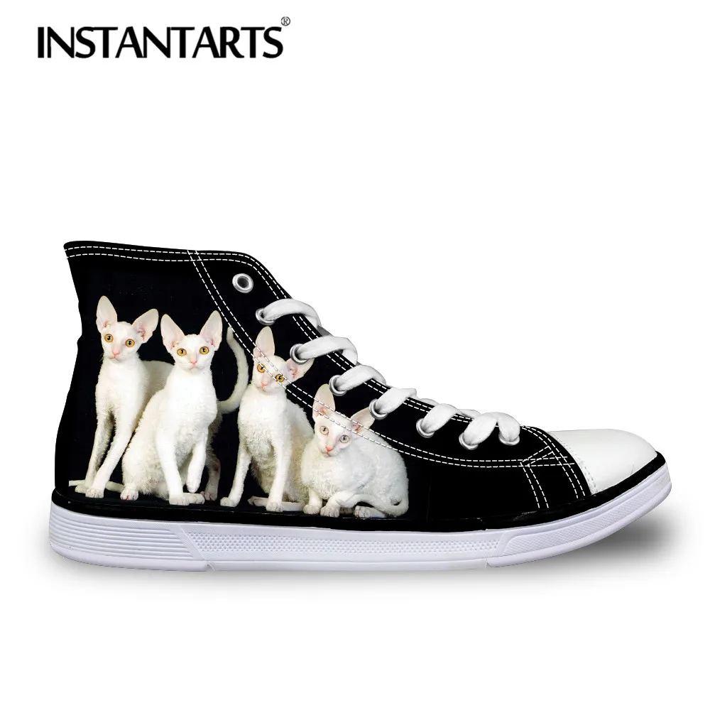 INSTANTARTS Autumn Man's Flats Shoes 3D Cute Animal Cornish Rex Cat Hairless Cat Print Men Lace Up High Top Canvas Shoes Sneaker