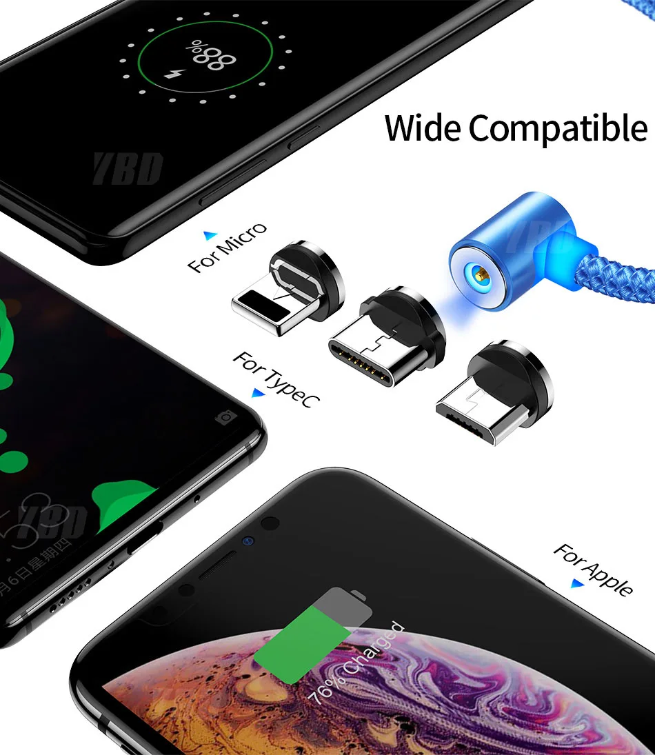 YBD 1 м Магнитный usb кабель для зарядки samsung Xiao mi Red mi Note 7 mi 9 mi cro USB C кабель USB провод для iPhone huawei Honor