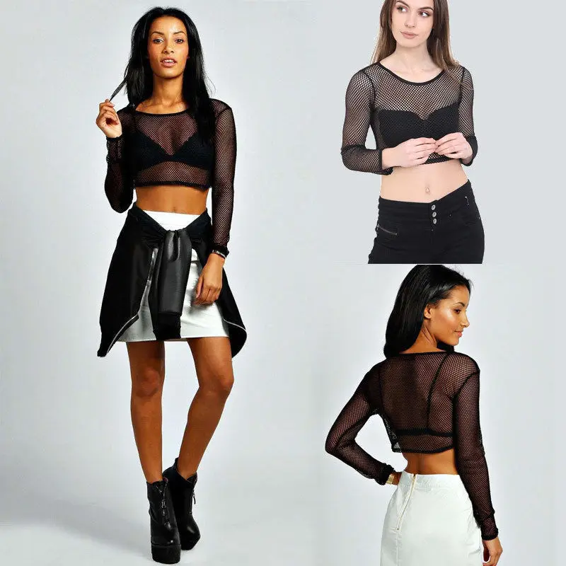 

Fashion Women Summer Vest Top Mesh Shirt Sexy Long Sleeve O-Neck Pullover Short Length Hollow Black Shirt Sunsuit Women Clothing