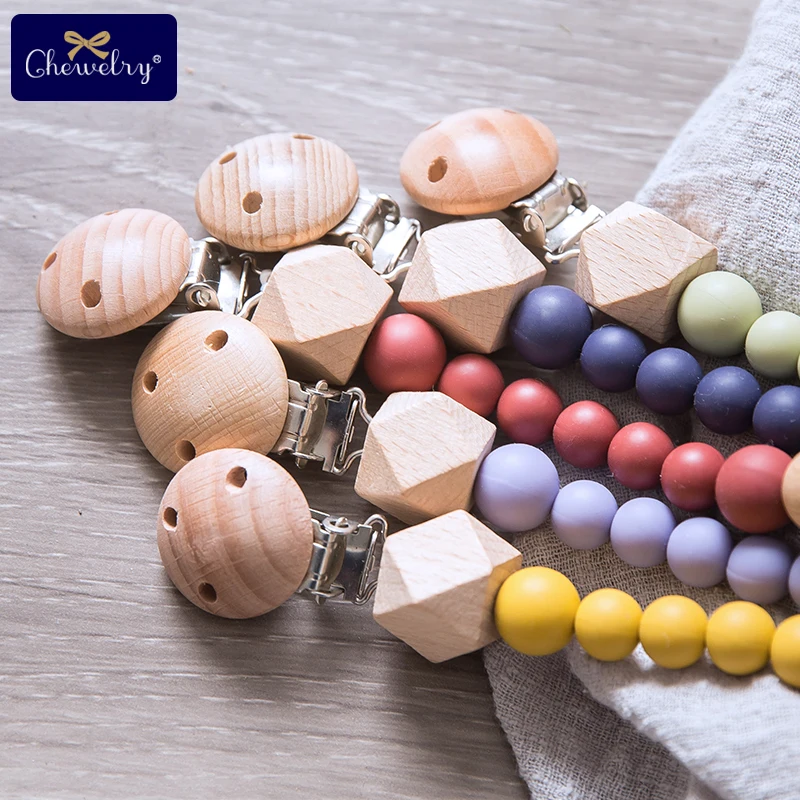 

1Pc Baby Pacifier Clips Chain Round Silicone Pearls Beech Hexagon Wood Beads Holder For Nipples Baby Silicone Teethers Chew Toys