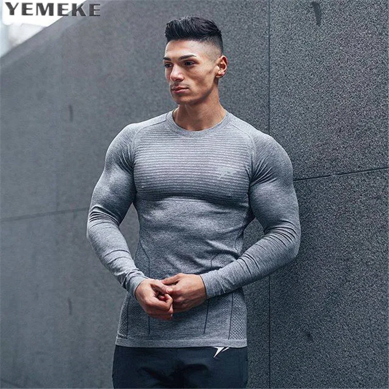 Mens long sleeved t shirt cotton Slim fit gyms Fitness Bodybuilding ...