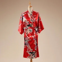 Красный павлин& цветочное кимоно Банный халат в китайском стиле Для женщин атласная ночная рубашка из искусственного шелка летнее Повседневное пикантное Белье для сна, пижама один размер 0218