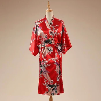 

Red Peacock&Flower Kimono Bath Gown Chinese Women's Satin Rayon Nightgown Summer Casual Sexy Sleepwear Pajamas One Size 0218