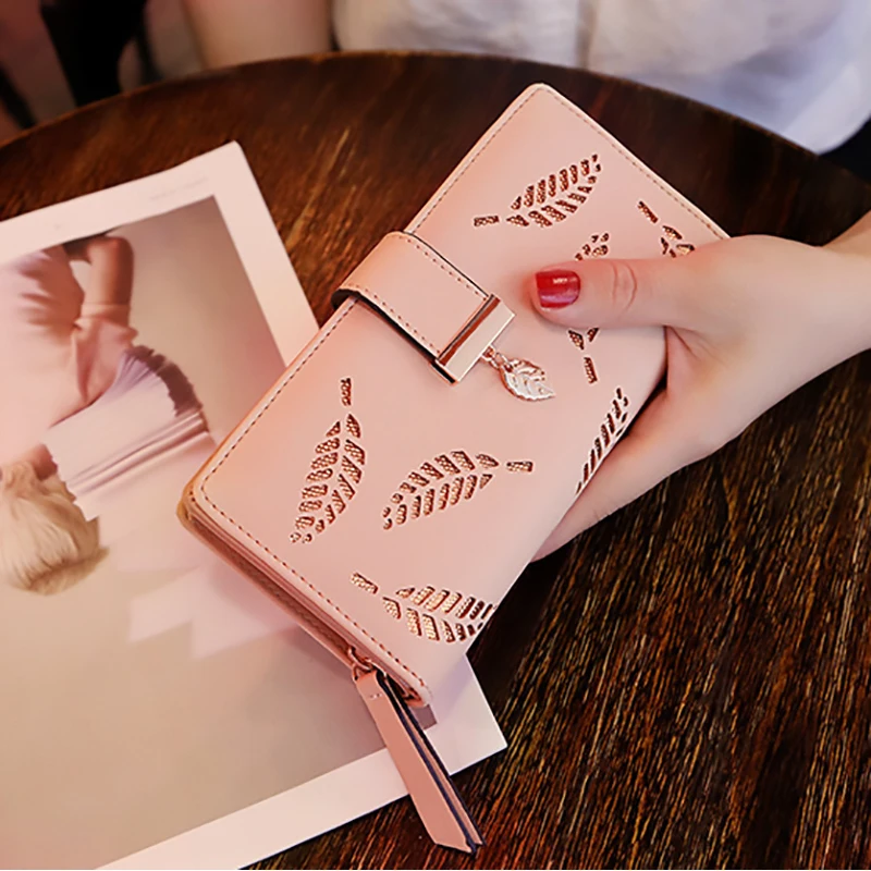 2019 Women Wallet Purse Female Long Wallet Gold Hollow Leaves Pouch Handbag For Women Coin Purse Card Holders Portefeuille Femme