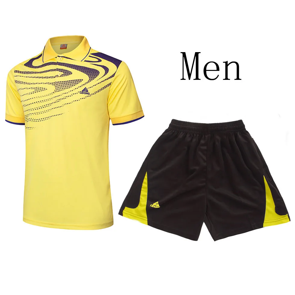 Рубашка для бадминтона, быстросохнущая футболка с короткими рукавами, костюмы для настольного тенниса, рубашки для тенниса с отложным воротником, одежда для влюбленных, футболка для пинг-понга - Цвет: Men Yellow