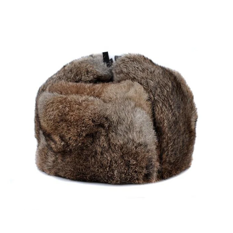 

Rabbit Fur Cap Man Winter Genuine 100% Fur Bomber Hat With Warm Earmuffs Male Flat Grey/Black Russian Hat Fitted Casquette