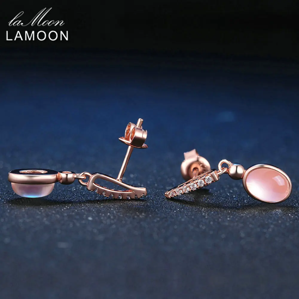LAMOON 5x7mm 100% Natural Pink Rose Quartz 925 Sterling Silver Jewelry Rose Gold Plated Drop Earrings S925 LMEI006