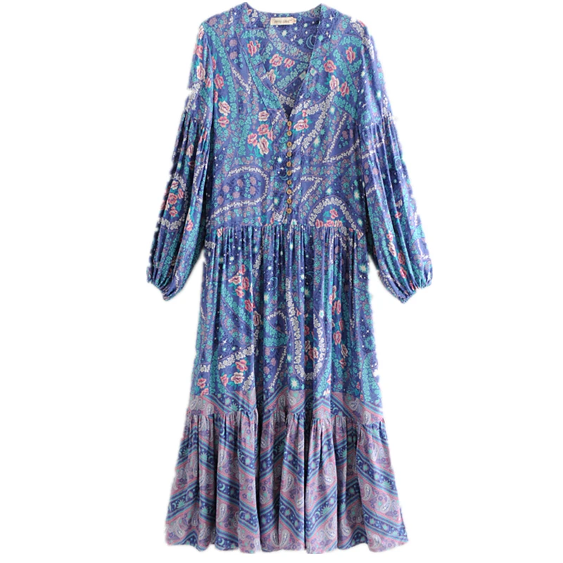 

Boho Vintage Floral Print Buttons Pleated Long kimono Women 2018 New Fashion V Neck Long Sleeve kimono Casual Femme Vestidos