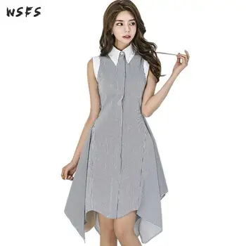 

Summer Striped Dresses Turn-down Collar Sleeveless Womens Dress Office Ladies Bodycon Sexy Party Asymmetrical Sundress Vestidos