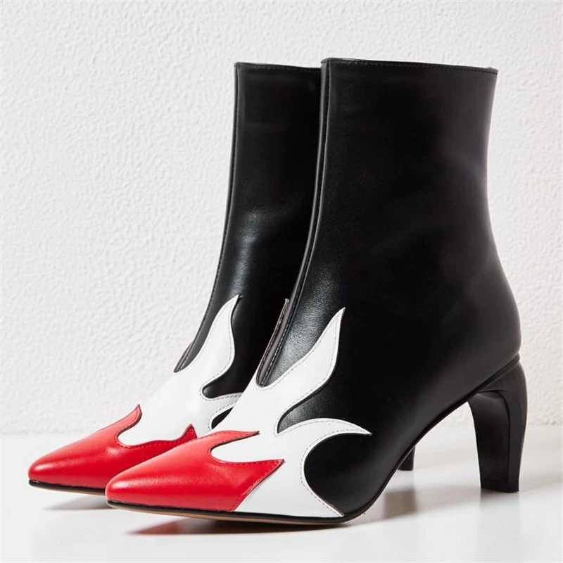 

Fashion designer genuine leather Short Boots flame decor shoes women pointed toe tobacco pipe high heels Ankle Boots for women