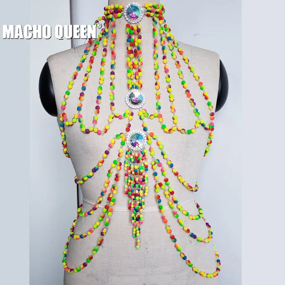 

Holographic Burning Man Musical Festival Rave Rainbow Candy Body Chain Crop Top Outfit Clothes Stage Dancer Drag Queen Costumes