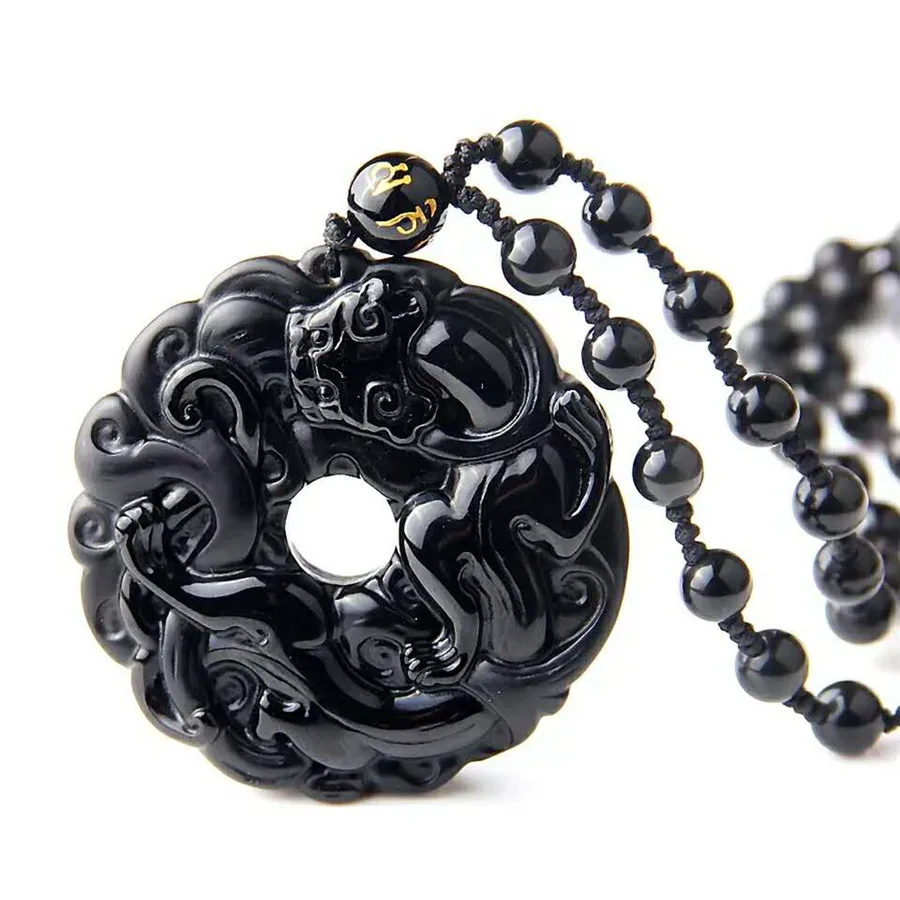 Genuine Natural Black Obsidian Gemstone Crystal Round Bead Necklaces Pendant For Women Men Powerful (1)