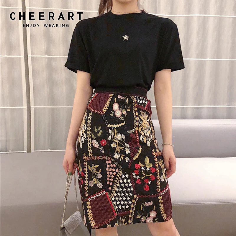 Cheerart винтажная юбка с вышивкой, высокая талия, юбка с запахом, женская черная Цветочная юбка до колен, ретро юбка, летняя мода