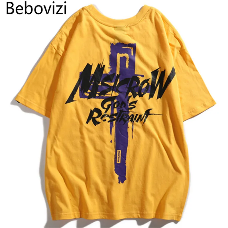 

Bebovizi Brand Streetwear Urban Style Short Sleeve T Shirts Hip Hop Casual Cotton Cross Printed Tops Tees Men Oversize Tshirts